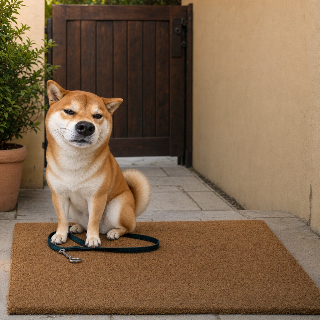 The Shiba Inu sits on a doormat before a wooden gate, pinning a teal leash beneath one paw